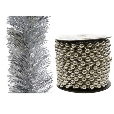 Set of bead garland 10 mtr and foil garland 2,7 mtr silver