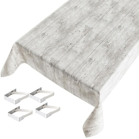 Tablecloth grey wood print 140 x 245 cm with 4 clamps