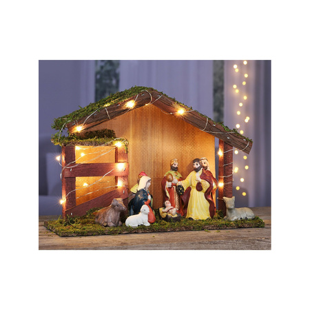 Verlichte kerststal met kerststal beeldjes 30 x 10 x 20 cm