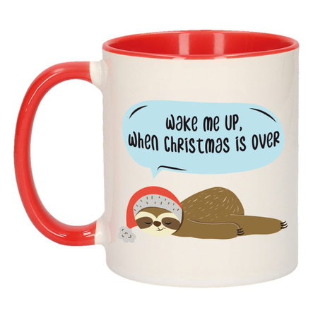 Wake me up when Christmas is over kerstcadeau koffiemok / theebeker rood luiaard Kerstmis 300 ml 