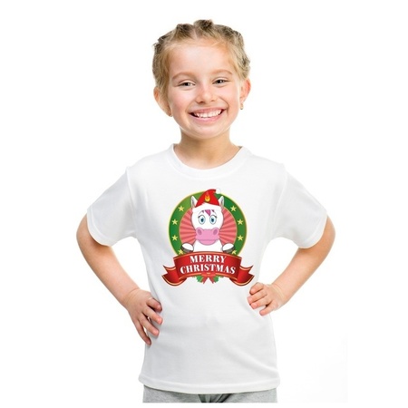Wit Kerst t-shirt voor kinderen met een eenhoorn