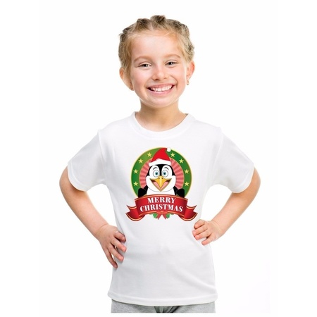 Wit Kerst t-shirt voor kinderen met een pinguin