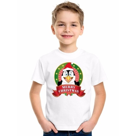 Wit Kerst t-shirt voor kinderen met een pinguin