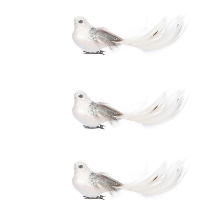 Witte decoratie vogeltjes op clip 3 stuks 18 cm