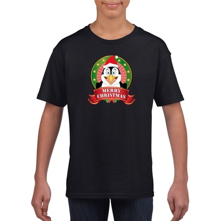 Zwart Kerst t-shirt voor kinderen met een pinguin